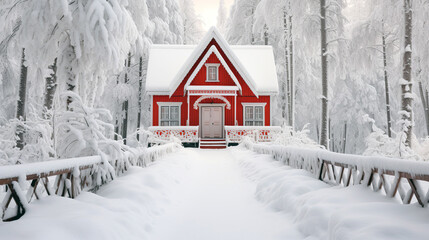 Red wooden cabin in snowy winter landscape. - 626024044