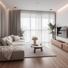 Modern living room interior design with white sofa, video conference zoom