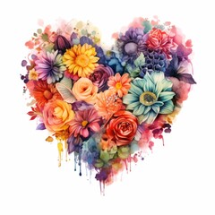 Watercolor illustration bouquet of flowers in heart by hand draw isolated on white background.