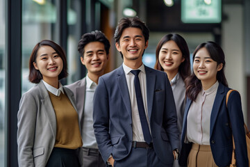 Fototapeta premium Confident Asian businesspeople in powerful poses, donning business suits, symbolizing a dynamic corporate team. Captivating unity and professionalism. generative AI.