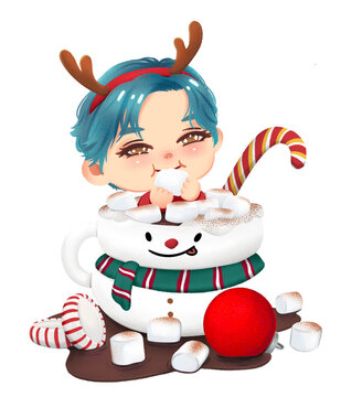 Christmas Hot Chocolate Cup Boy Eating Marshmallow 