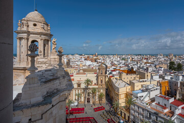 Aerial view of Plaza de la Catedral Square with Cadiz Cathedral and Church of Santiago - Cadiz,...