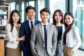 Confident Asian businesspeople in powerful poses, donning business suits, symbolizing a dynamic corporate team. Captivating unity and professionalism. generative AI.