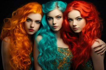 Obraz premium Close up of three young girls with colored hair looking at the camera. Generative AI