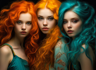 Naklejka premium Close up of three young girls with colored hair looking at the camera. Generative AI