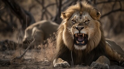 Angry Lion. Lion in the African Savanna. Beautiful Lions in the Golden Savanna. Lion in Savanna. Ai Generated Art. Made With Generative AI.