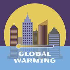 Global warming and climate change concept with city buildings on sunset half drowned in water. Global warming and climate change. Global temperature, sea level rising. Flat vector illustration