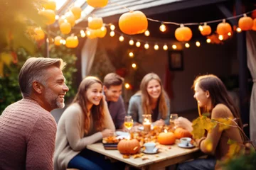 Photo sur Plexiglas Jardin Family having a meal outdoors, table setting with pumpkins and autumn decoration  