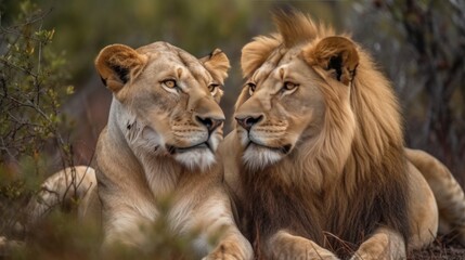 Beautiful couple of Lion. Lion in the African Savanna. Beautiful Lions in the Golden Savanna. Beautiful lioness. Lion in Savanna. Ai Generated Art. Made With Generative AI. - obrazy, fototapety, plakaty