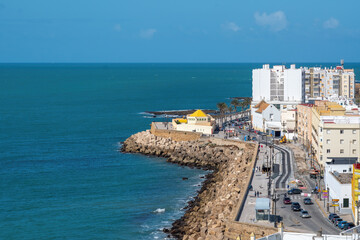 Aerial view of Paseo del Vendaval and Cadiz Sea - Cadiz, Andalusia, Spain