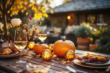 Thanksgiving table setting outdoors with pumpkins and candles. Autumn home decoration.

