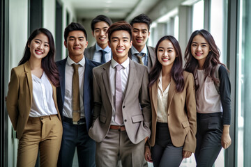 Confident Asian businesspeople in powerful poses, donning business suits, symbolizing a dynamic corporate team. Captivating unity and professionalism. generative AI.