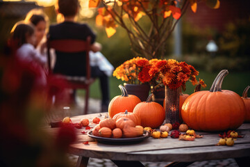 Family having a meal outdoors, table setting with pumpkins and autumn decoration - obrazy, fototapety, plakaty