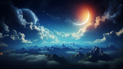 Fototapeta na wymiar Romantic Moon In Starry Night Over Clouds