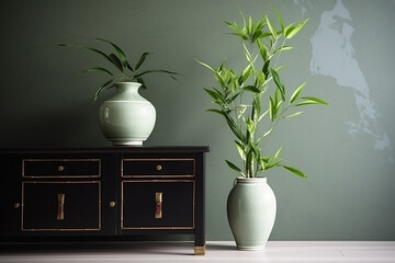 Vase with Lucky bamboo on chest of drawers. generative ai