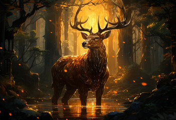 a deer with a glowing antler in the forest, in the style of mixes realistic and fantastical elements