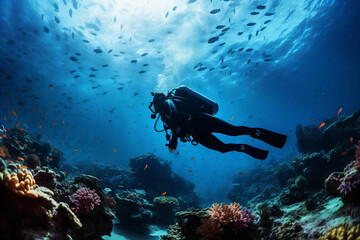 Naklejka na ściany i meble Scuba diver on coral reef 