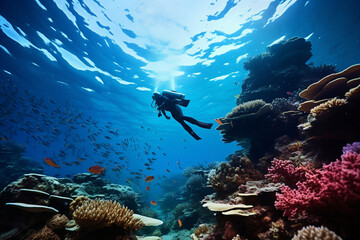 Fototapeta na wymiar Scuba diver on coral reef 