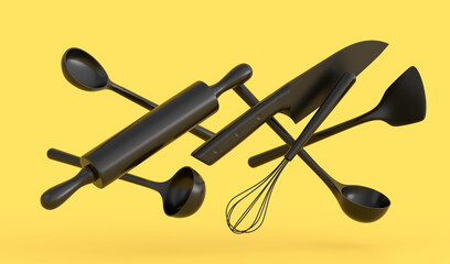 Wooden kitchen utensils, tools and equipment on monochrome background.