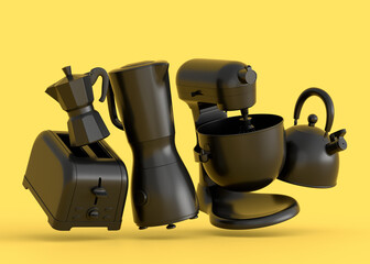 Electric kitchen appliances and utensils for making breakfast on monochrome