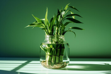 Green lucky bamboo Dracaena braunii, or Ribbon plant, belgian evergreen in glass water jar with shadow. generative ai