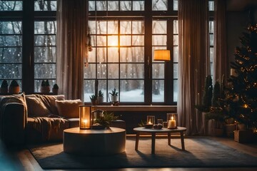 Fototapeta na wymiar Comfy living room with christmas tree and snow falling outside