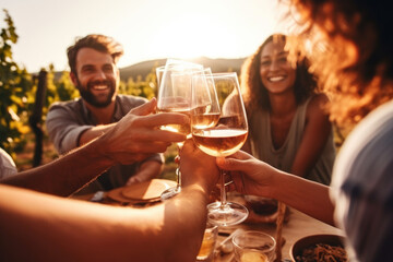 Happy European friends drinking and toasting with local wine during picnic near vineyards in countryside. Young men and women spend time together. Concept of winemaking, friendship and leisure