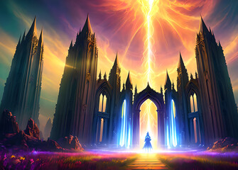 Obraz premium Time Portal Architectural Majestic Portal Fantastic Landscape,Setting Castle Wallpaper,Light Sky Castle,Universe Inside,Staircase,Generative AI