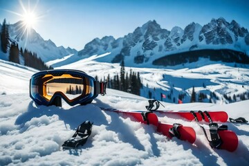 Ski equipment on the snow with background of mountains covered with snow. - obrazy, fototapety, plakaty