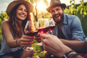 Happy European friends drinking and toasting with local wine during picnic near vineyards in countryside. Young men and women spend time together. Concept of winemaking, friendship and leisure
