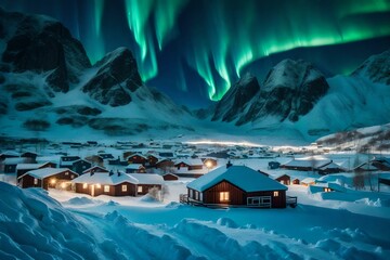 Scenery of Aurora borealis or Northern lights dancing over snowy mountain and houses