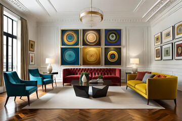 Interior design of a living room that serves as a gallery space, showcasing a diverse collection of paintings, sculptures, and art installations.
