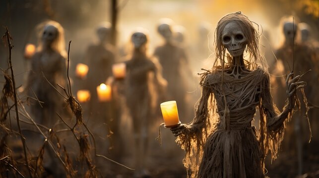 Halloween decorations with light and bokeh background. Halloween theme. generative ai. 