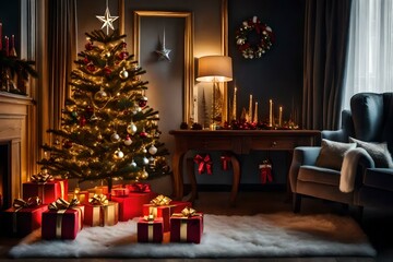 Christmas tree in living room with gifts and decorations