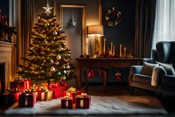 Foto op Canvas Christmas tree in living room with gifts and decorations © Asad