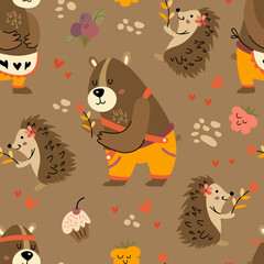 Forest seamless pattern with bear, and hedgehog. Cute animals with sweets and berries. Vector illustration flat style.