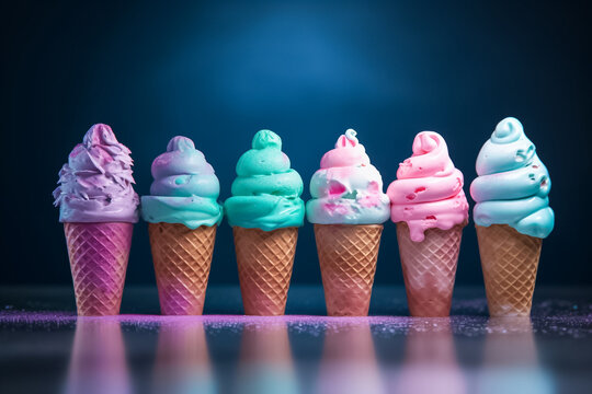 minimalistic composition of pastel-colored ice cream scoops in crispy waffle cone, arranged in a playful and colorful way. generative AI.