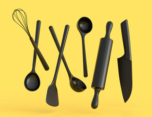 Wooden kitchen utensils, tools and equipment on monochrome background.