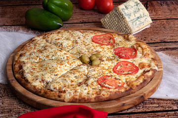 Pizza with cheese in a board