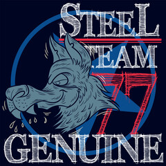 Obraz premium Illustration wolf patch embroidered with text Steel Team Genuine surfer beach team Cool Colors Surf style.