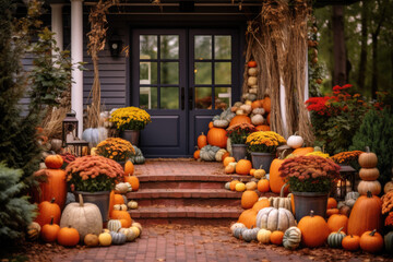 Porch of the backyard decorated with pumpkins and autumn flowers