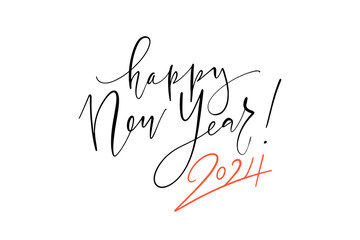Vector illustration. Handwritten calligraphic brush lettering composition of Happy New Year 2024 on white background.