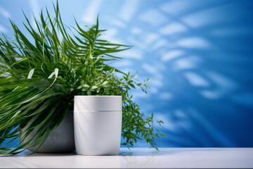 White Cosmetic jar surrounded by plants on a blue background 