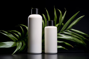 White cosmetic bottles surrounded by plants on a black background 