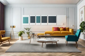 minimal design appartment, a wall with 2 or 3 picture frames, modern living-room, colourful furniture, perpendicular composition - obrazy, fototapety, plakaty
