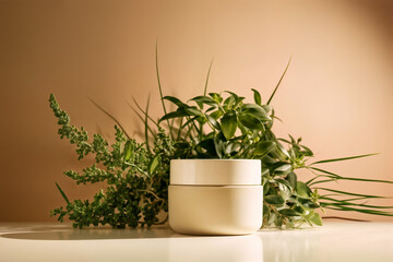 White Cosmetic jar surrounded by plants on a beige background 
