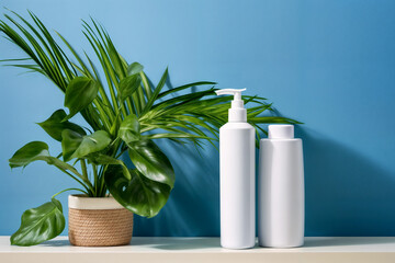White Cosmetic bottles surrounded by plants on a blue background 