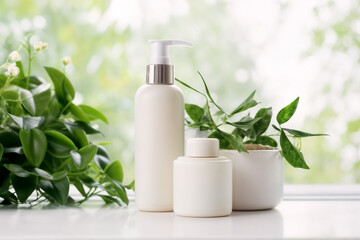 White Cosmetic bottles surrounded by plants on a bright background 