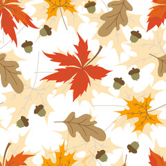 Fototapeta premium Cute seamless pattern with autumn leaves for kids textile and wallpaper. Colorful Fall pattern with colorful elements on a white background.