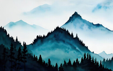 Forest and mountains silhouettes, watercolor style. AI generative.